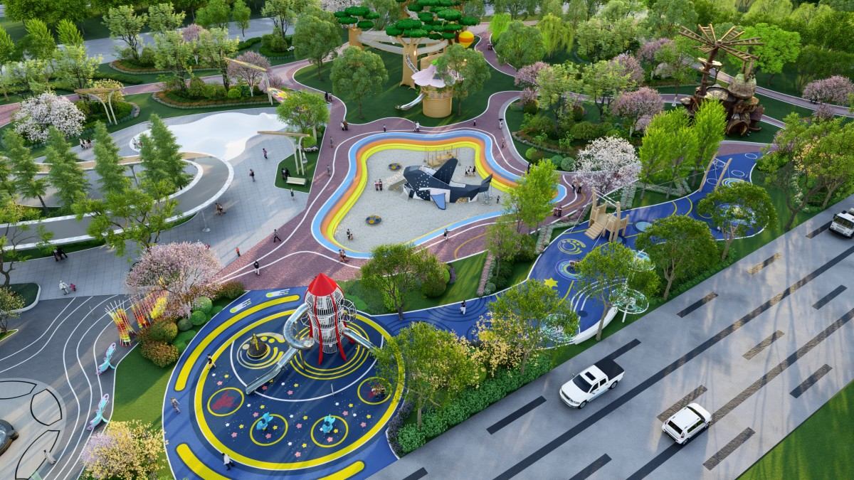 城市带状绿地儿童公园-红白火箭滑梯与全园分区俯视-道路旁鸟瞰效果图
