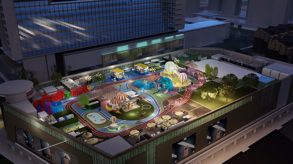 屋顶蘑菇滑梯乐园-彩色环形跑道与分区活动场-屋顶鸟瞰效果图
