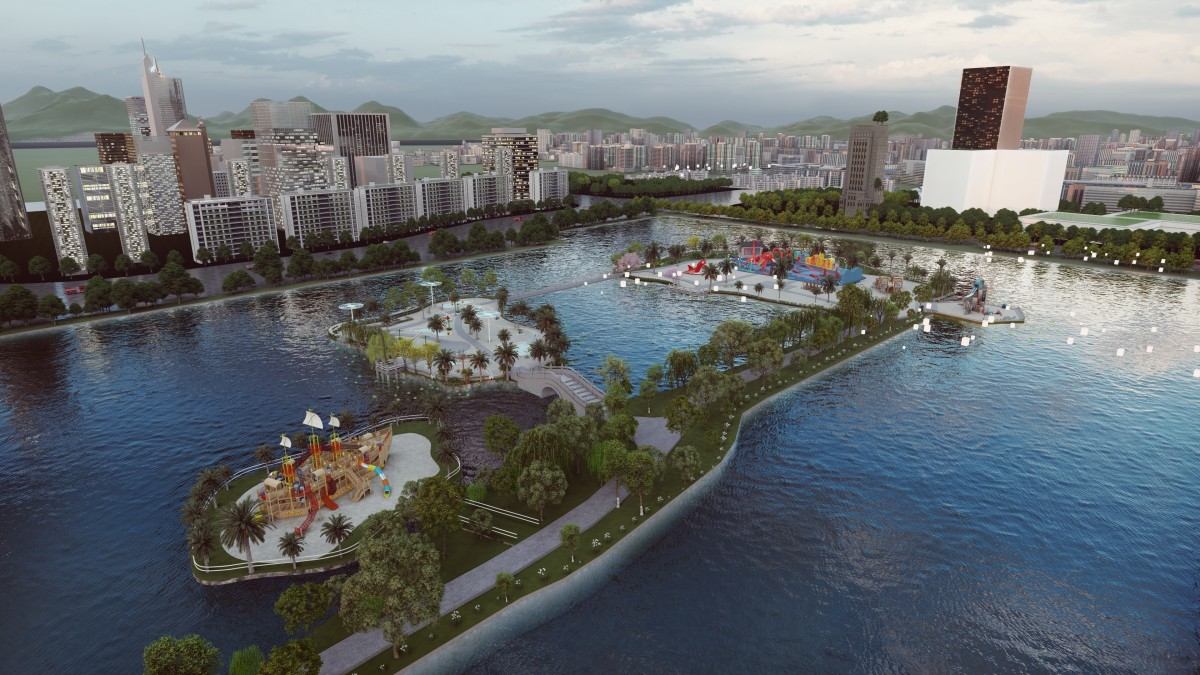 滨水儿童游乐园-三座半岛鸟瞰与城市天际线-江湾场地全景效果图